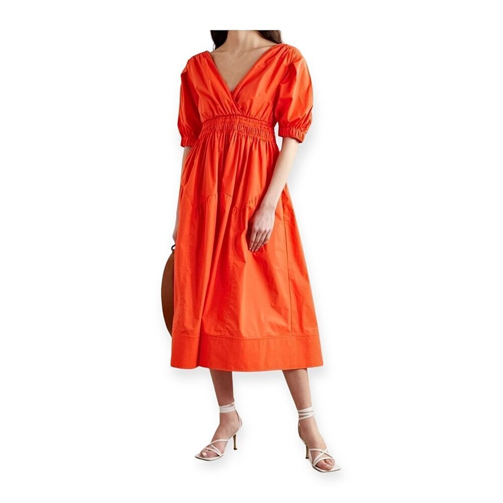 Self-Portrait orange poplin midi dress w/ black bow tie back (US 0) NWT